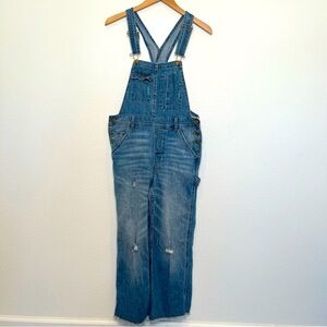 Anthropologie Pilcro Denim Distressed Painter Style Cropped Overalls, size 26